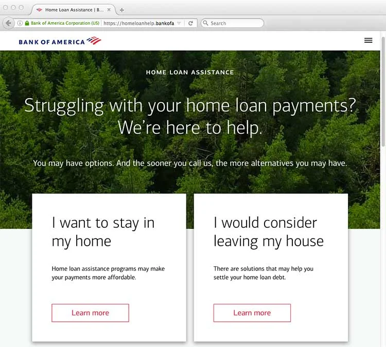 Bank of America Home Loan Assistance webpage with headline “Struggling with your home loan payments? We’re here to help,” offering two clear options: “I want to stay in my home” and “I would consider leaving my house.” Portfolio work by copywriter Paul Baker, who created empathetic, user-focused content strategy during the sub-prime crisis.