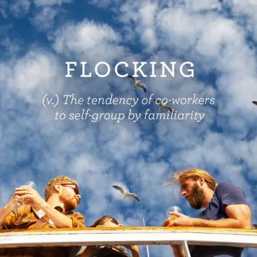 Three co-workers chatting on a Hornblower Cruises boat deck with seagulls above, alongside the witty definition “Flocking.” Advertising copy by Paul Baker for Hornblower Cruises.