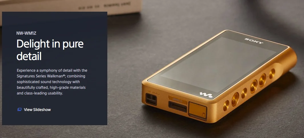 Gold Sony Signature Series Walkman NW-WM1Z displayed on a desk beside marketing copy reading “Delight in pure detail.” Portfolio work by senior copywriter and strategist Paul Baker, highlighting Sony’s premium Hi-Res Audio messaging.