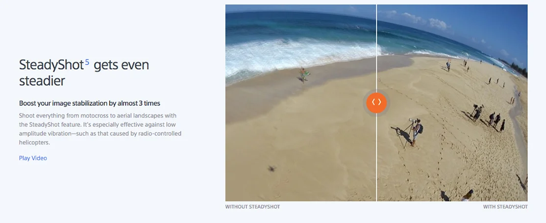 Sony Action Cam webpage comparing video footage with and without SteadyShot stabilization, showing a beach scene split screen. Portfolio copywriting by Paul Baker highlighting product features.