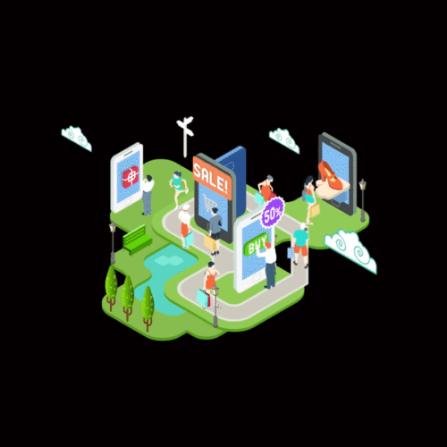 Alt text: Colorful isometric illustration of people shopping among giant mobile screens displaying sales, discounts, and products. Portfolio work by associate creative director and writer Paul Baker for Norton Security’s “Norton Shopping Guarantee” demo video, targeting small business owners and customers.