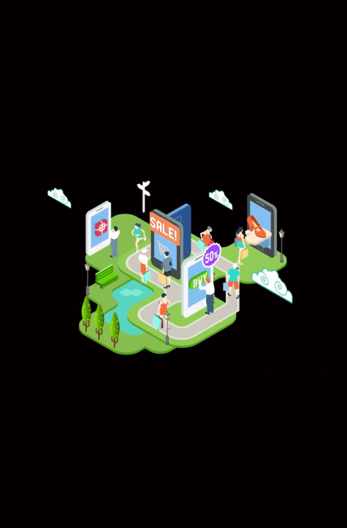 Alt text: Colorful isometric illustration of people shopping among giant mobile screens displaying sales, discounts, and products. Portfolio work by associate creative director and writer Paul Baker for Norton Security’s “Norton Shopping Guarantee” demo video, targeting small business owners and customers.