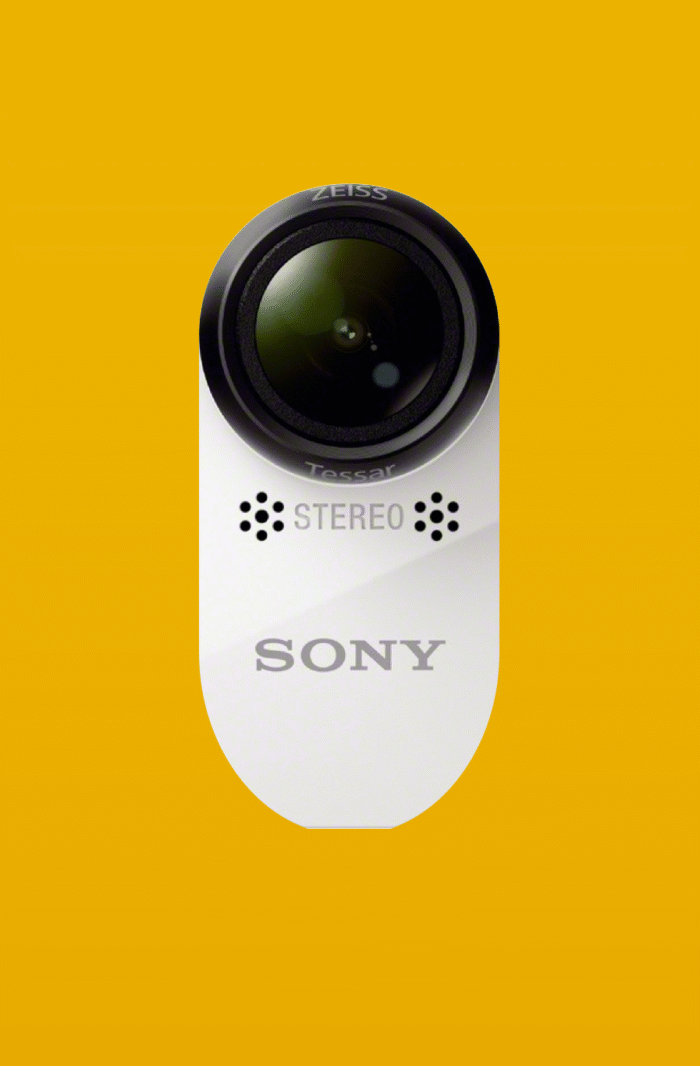 Close-up of a Sony action camera with Zeiss lens on a yellow background. Portfolio work by copywriter and strategist Paul Baker, who developed product storytelling, modular pages, and marketing copy for Sony’s global site relaunch.
