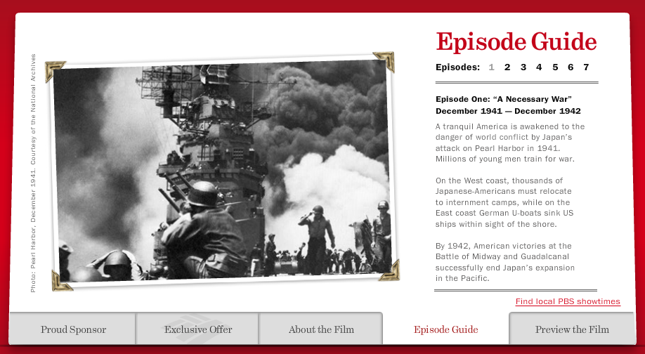 Episode Guide page from Ken Burns’ “The War,” sponsored by Bank of America, showing a black-and-white photo of Pearl Harbor under attack in December 1941. Portfolio work by Paul Baker, who wrote concise episode synopses for the microsite.