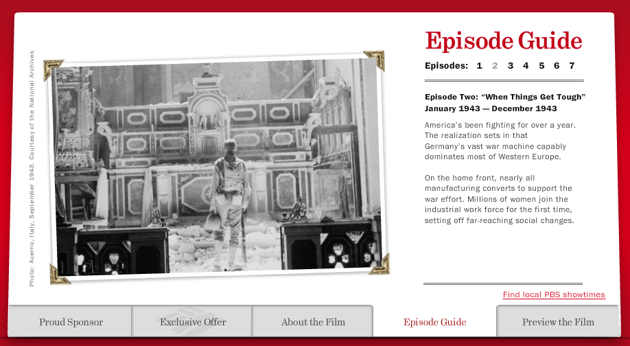 Episode Guide page from Ken Burns’ “The War,” featuring a WWII photo from Avellino, Italy in 1943, with text describing America’s manufacturing shift and women joining the workforce. Copy by Paul Baker for Bank of America’s sponsorship microsite.