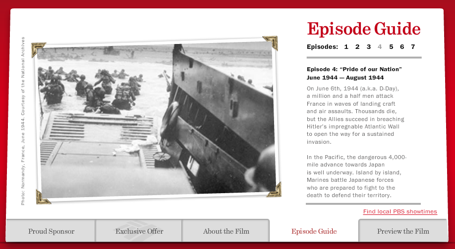 Episode Guide page from Ken Burns’ “The War,” showing a photo of Allied soldiers landing at Normandy in June 1944. Portfolio entry by Paul Baker, who created engaging, accessible episode guides for Bank of America’s sponsored PBS microsite.