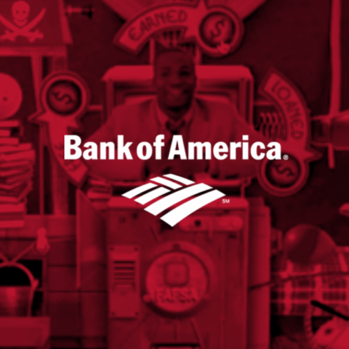 Promotional image for Bank of America’s award-winning “Morris Code” campaign. A smiling student character named Morris sits among colorful, whimsical props with financial symbols, overlaid with the Bank of America logo in bold white. Portfolio work by senior copywriter Paul Baker, who scripted key sections of the interactive campaign that taught college students about personal finance in a savvy, relatable way.