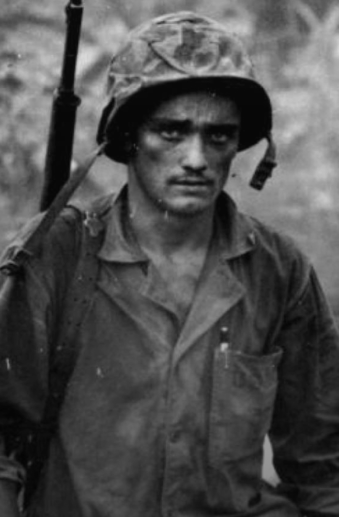 Black-and-white photo of a weary U.S. soldier in uniform and helmet during World War II, carrying his rifle. Portfolio work by lead writer Paul Baker for Bank of America’s support of Ken Burns’ documentary “The War,” which featured an online microsite and detailed episode guide.