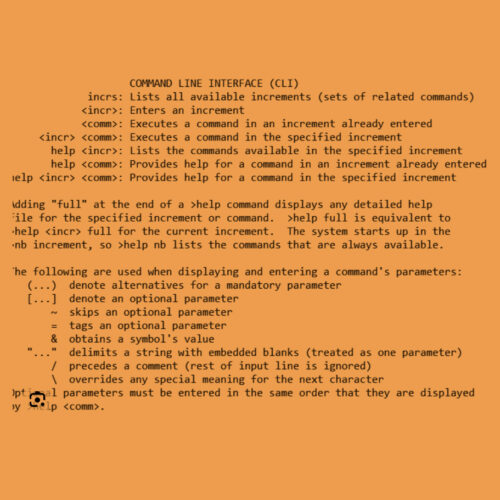 Stylized screenshot of a command line interface (CLI) help screen, displaying available commands, syntax options, and usage notes for a framework project. Text includes explanations of increments, parameters, and optional command structures.