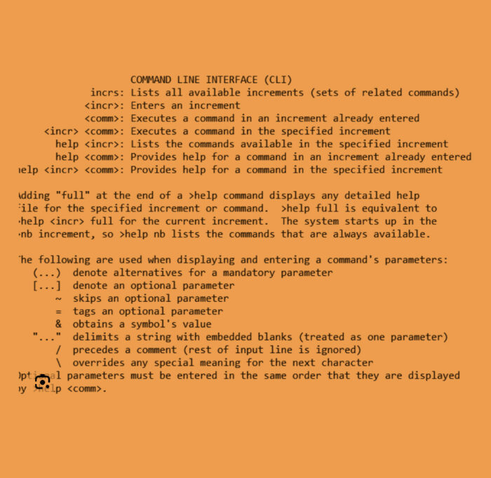 Stylized screenshot of a command line interface (CLI) help screen, displaying available commands, syntax options, and usage notes for a framework project. Text includes explanations of increments, parameters, and optional command structures.